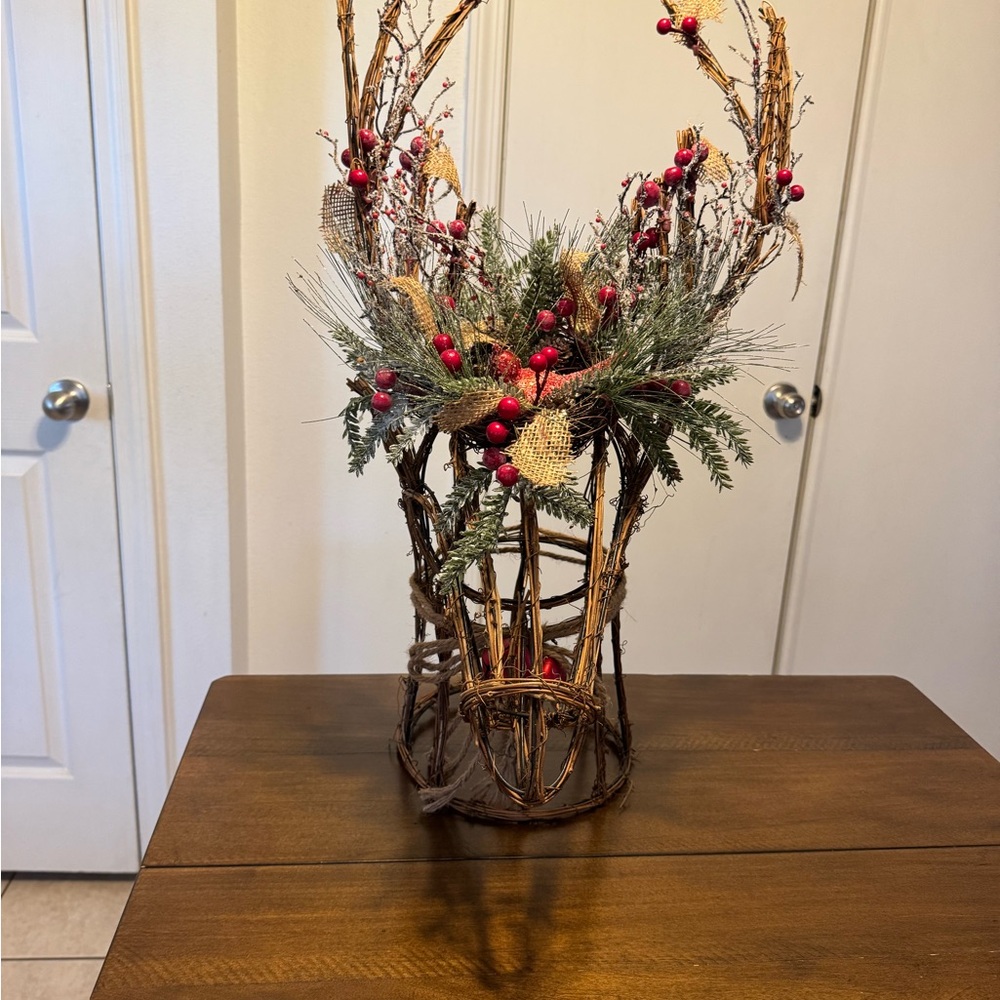 Rustic Reindeer Twig Basket with Red Berries